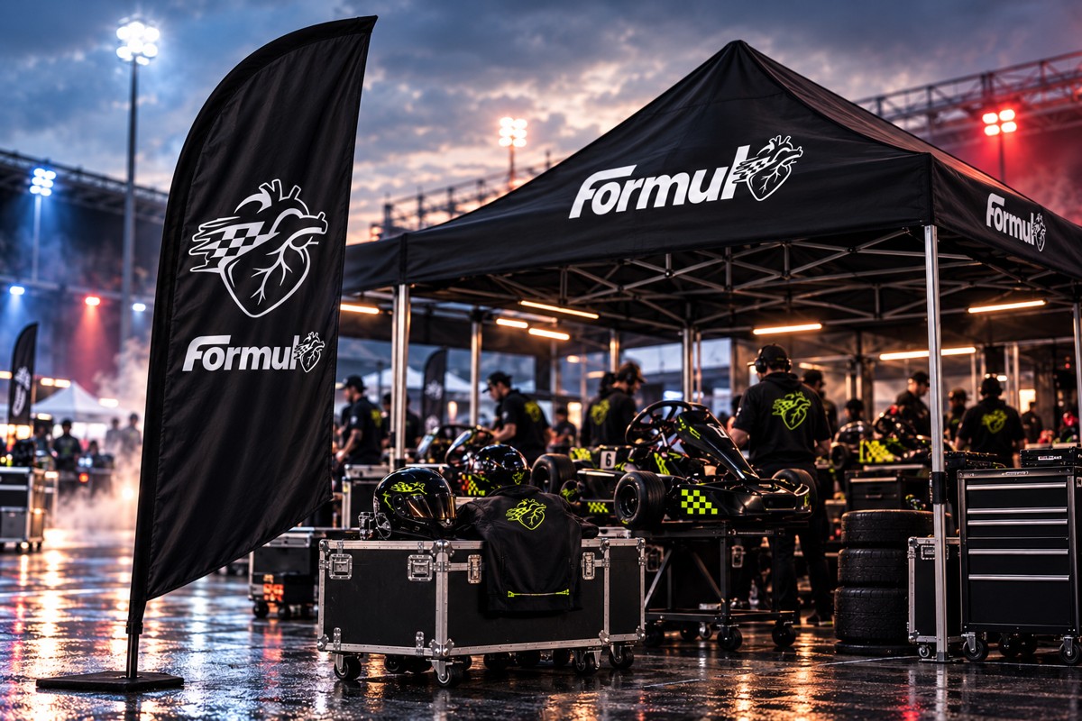 Schwarze Beachflag und Teamzelt im Paddock