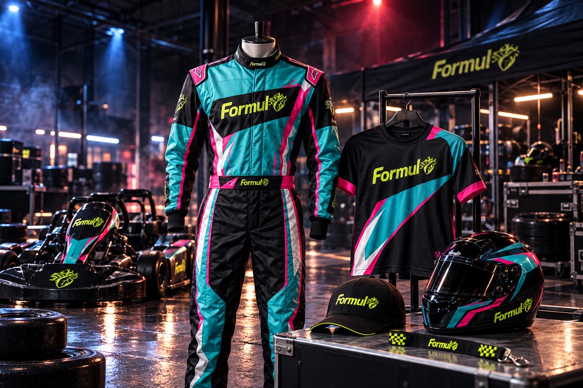 Teamwear und Racing-Anzug in Türkis und Rosa
